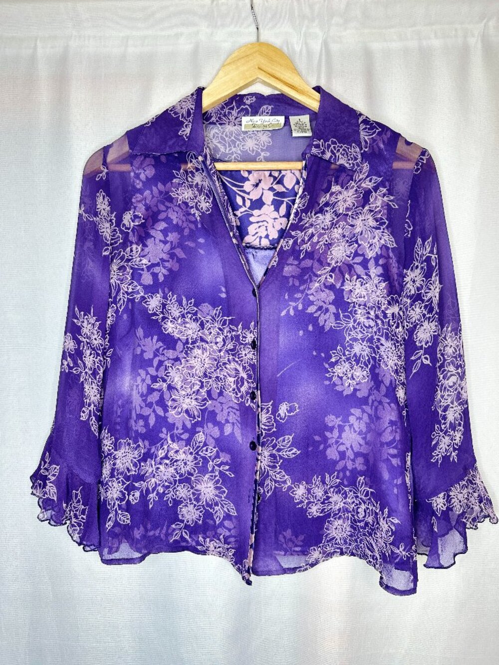 Vintage NYC Design Co. Sheer Beaded Floral Silk Blouse SMALL‎ Y2K Fairy Romantic
